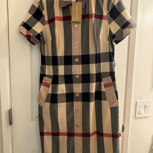Burberry Dresses & Skirts - Burberry Beige and Black Check Midi Dress
